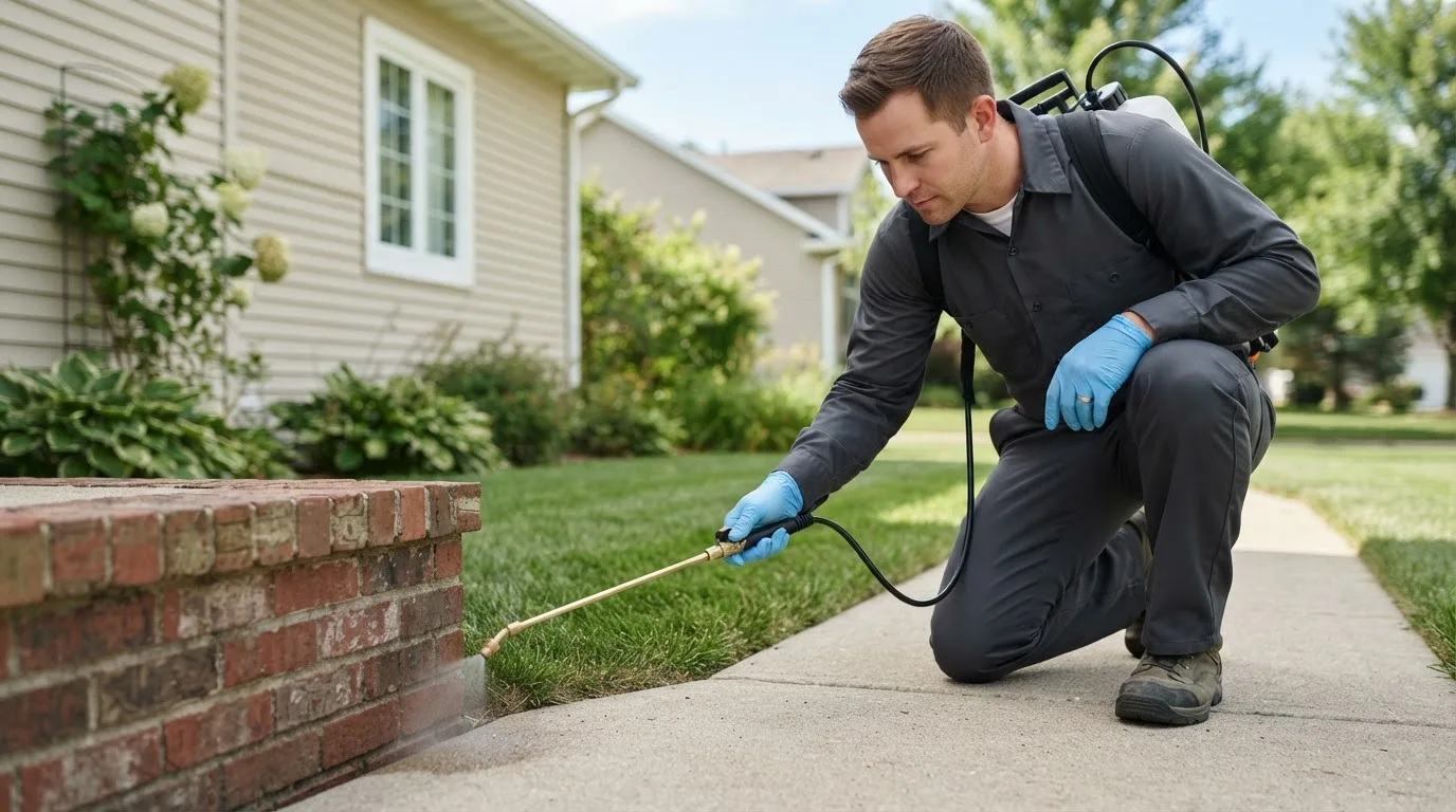 Pest control technician treating a home near Westby, MT
